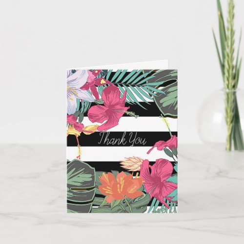 Tropical Floral Flowers Leaves Black White Stripes Thank You Card