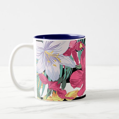 Tropical Floral Flowers Leaves Black White Stripes Two_Tone Coffee Mug