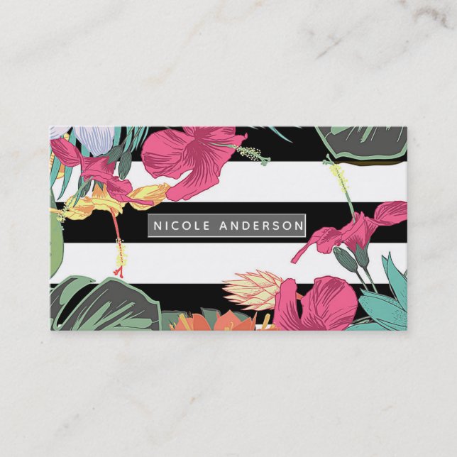 Tropical Floral Flowers Leaves Chic Botanical Business Card (Front)