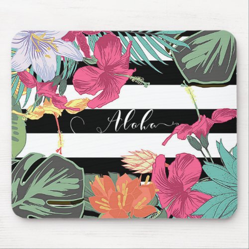 Tropical Floral Flowers Leaves Chic Botanical Mouse Pad