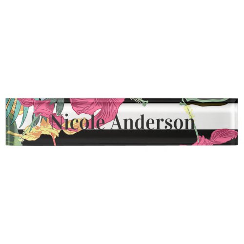 Tropical Floral Flowers Leaves Chic Botanical Nameplate