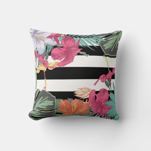 Tropical Floral Flowers Leaves Chic Botanical Throw Pillow