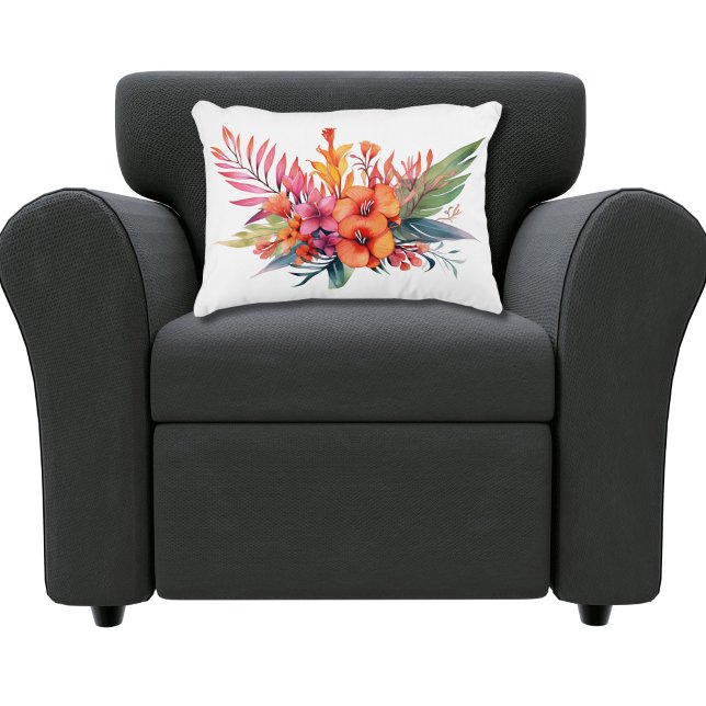 Tropical Floral Flowers Pink Peach Yellow Orange  Accent Pillow (Pink Peach Orange Yellow Tropical Floral Flowers with Greenery Throw pillow accent pillow. )