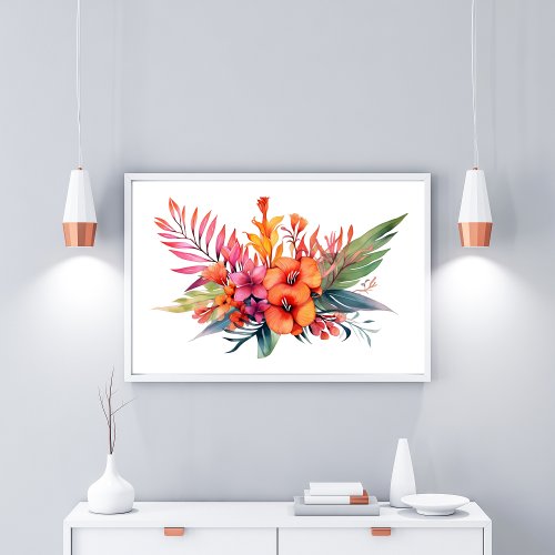 Tropical Floral Flowers Pink Peach Yellow Orange  Poster
