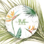 Tropical Floral Foliage Monogram Script White Gold Coaster<br><div class="desc">Bring a bit of elegant tropical hospitality into your home whenever you relax with your favorite beverage with this chic, modern custom monogram sandstone coaster. Stunning, sophisticated, colorful, tropical watercolor birds of paradise flowers, faux gold glitter, and personalized calligraphy script with a bold monogram initial, overlay a dramatic black background....</div>