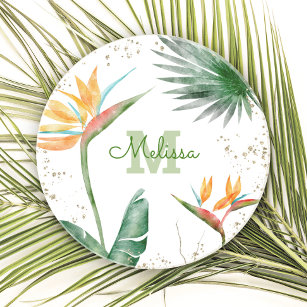 Tropical Floral Foliage Monogram Script White Gold Coaster