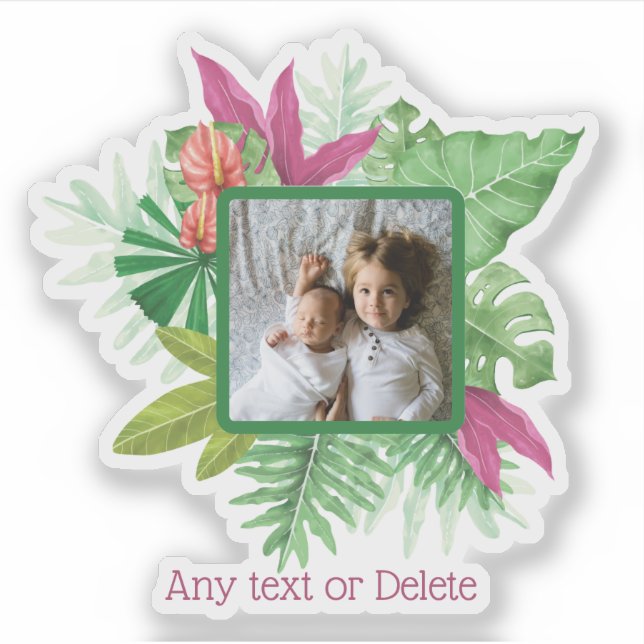 Tropical Floral Frame Custom Photo and Text Sticker (Front)