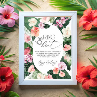 Tropical Floral Frame Ring Hunt Bridal Shower Game Poster