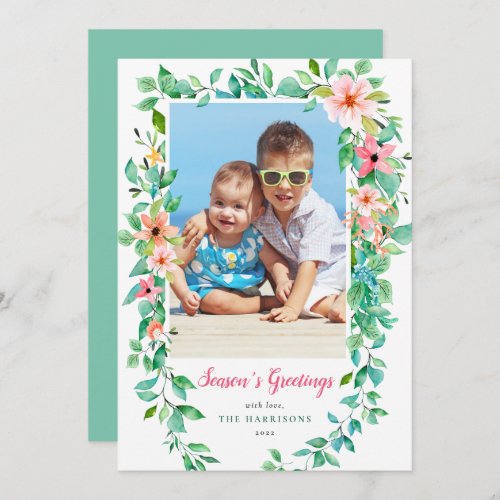 Tropical Floral Frame Seasons Greetings Photo Holiday Card