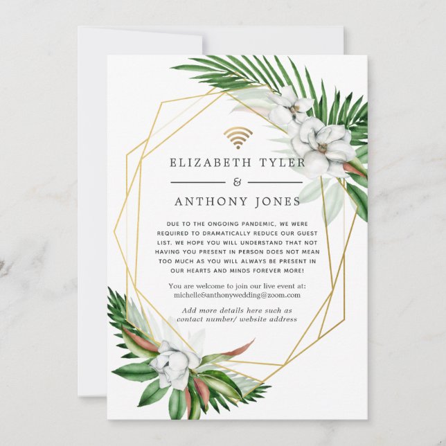 Tropical Floral Geometric Virtual Wedding Guests Announcement (Front)