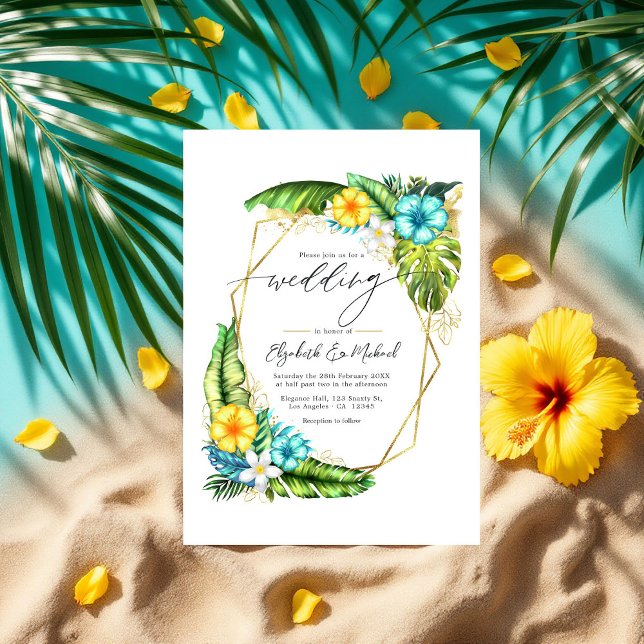 Tropical Floral Geometric Wedding Photo & QR Code Invitation (Tropical Floral Geometric Wedding Photo & QR Code Invitation)
