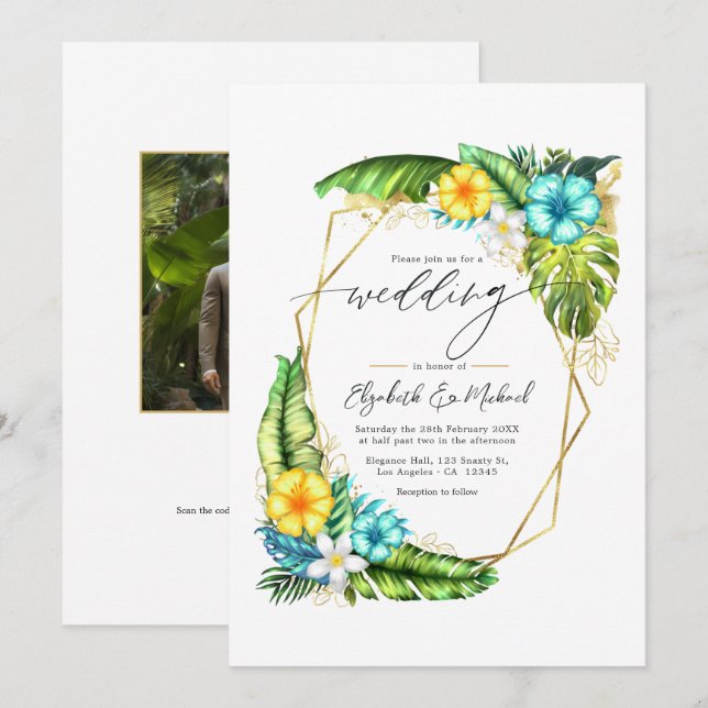 Tropical Floral Geometric Wedding Photo & QR Code Invitation (Front/Back)