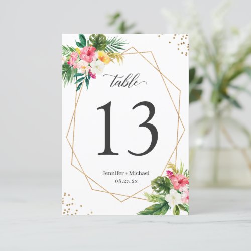 Tropical Floral Geometric Wedding Table Numbers - Tropical Floral Gold Geometric Wedding Table Number Card. 
(1) Please customize this template one by one (e.g, from number 1 to xx) , and add each number card separately to your cart. 
(2) For further customization, please click the "customize further" link and use our design tool to modify this template. 
(3) If you need help or matching items, please contact me.