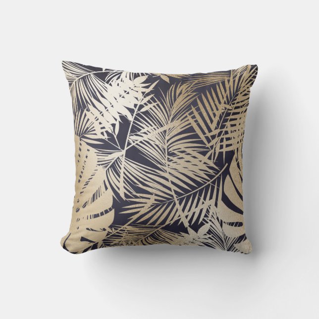 Tropical Floral Gold and Navy Blue Throw Pillow (Front)