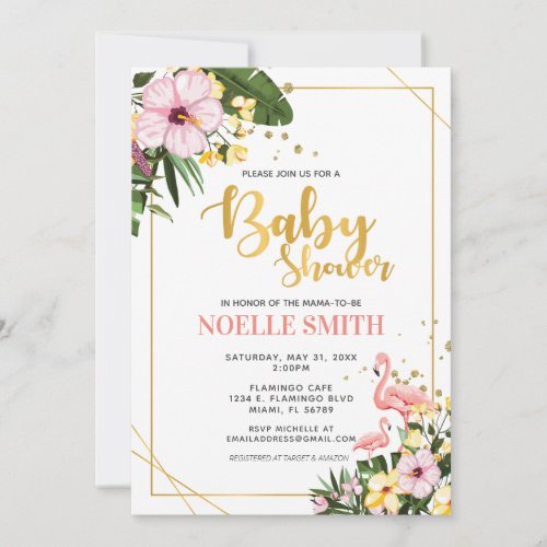 Tropical Floral Gold Flamingo Baby Shower Invitation