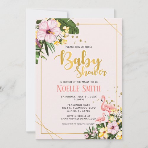 Tropical Floral Gold Flamingo Pink Baby Shower Invitation