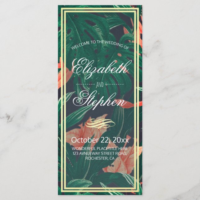 Tropical Floral & Gold Foil Frame Wedding Program (Front)