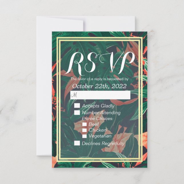Tropical Floral Gold Foil Frame Wedding RSVP Reply (Front)