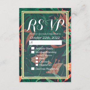 Tropical Floral Gold Foil Frame Wedding RSVP Reply Card