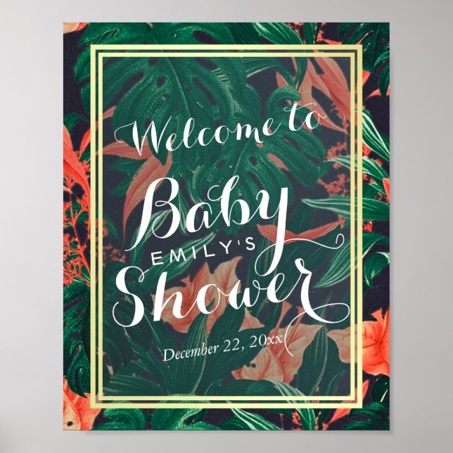 Tropical Floral Gold Frame Baby Shower Welcome Poster (Front)