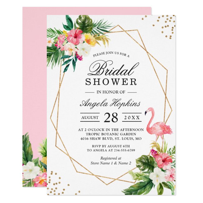 Tropical Floral Gold Frame Flamingo Bridal Shower Invitation