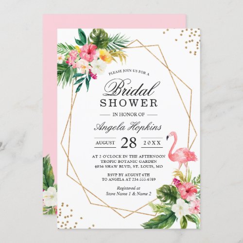 Tropical Floral Gold Frame Flamingo Bridal Shower Invitation