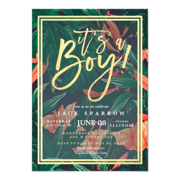 Tropical Floral Gold Frame Hawaiian Baby Shower Invitation