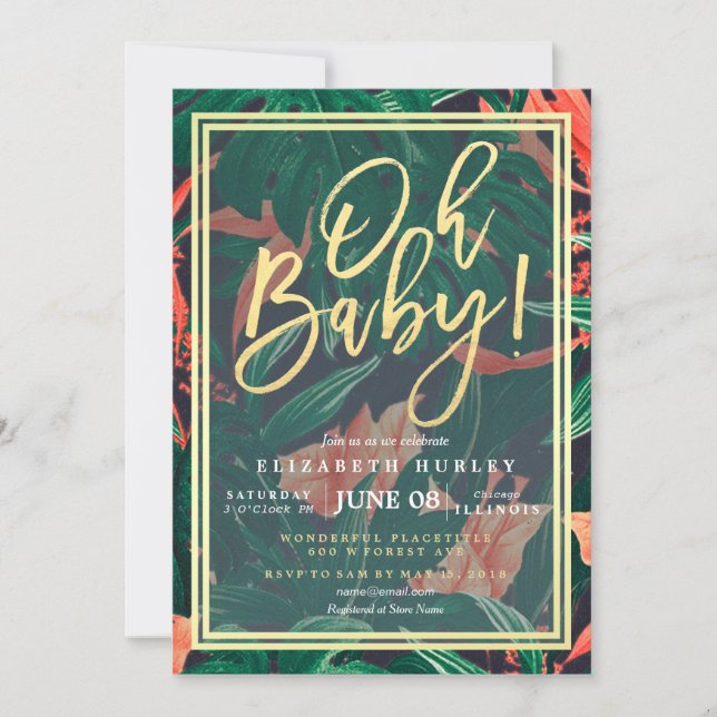 Tropical Floral Gold Frame Hawaiian Baby Shower Invitation (Front)