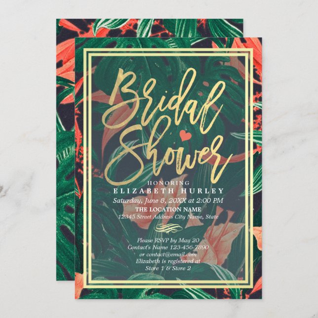 Tropical Floral Gold Frame Hawaiian Bridal Shower Invitation (Front/Back)