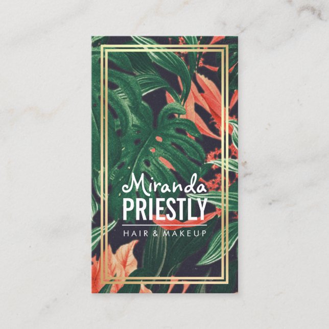 Tropical Floral Gold Frame Makeup Beauty Salon Appointment Card (Front)