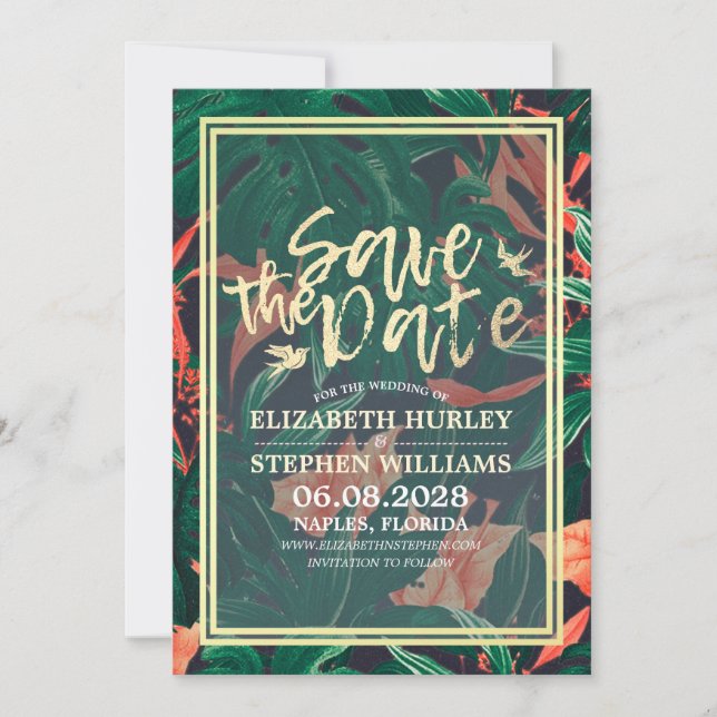 Tropical Floral & Gold Frame Wedding Save The Date (Front)