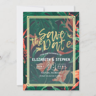 Tropical Floral & Gold Frame Wedding Save The Date