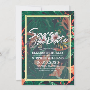 Tropical Floral & Gold Frame Wedding Save The Date