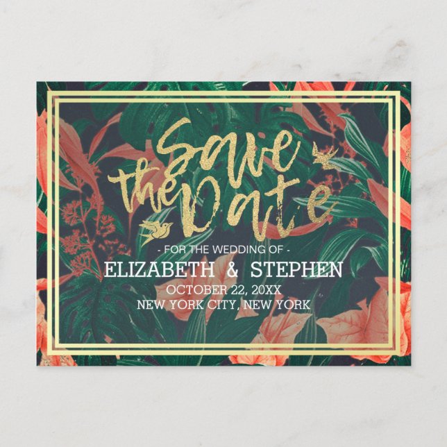 Tropical Floral & Gold Frame Wedding Save The Date Announcement Postcard (Front)