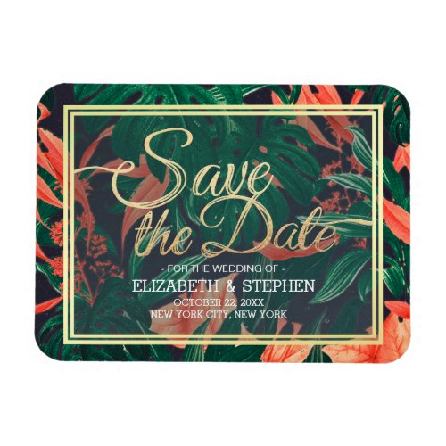 Tropical Floral  Gold Frame Wedding Save The Date Magnet