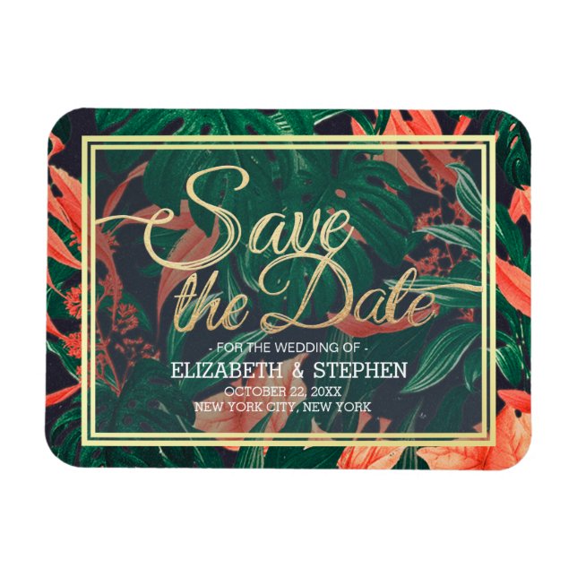 Tropical Floral & Gold Frame Wedding Save The Date Magnet (Horizontal)