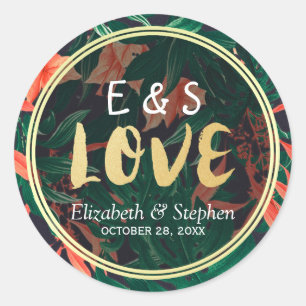Tropical Floral Gold Frame Wedding Thank You Favor Classic Round Sticker