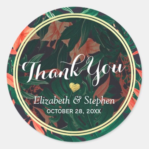 Tropical Floral Gold Frame Wedding Thank You Favor Classic Round Sticker