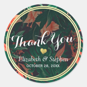 Tropical Floral Gold Frame Wedding Thank You Favor Classic Round Sticker