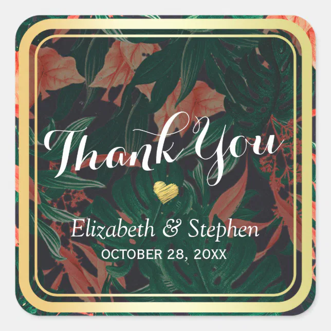 Tropical Floral Gold Frame Wedding Thank You Favor Square Sticker | Zazzle