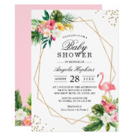 Tropical Floral Gold Glitters Flamingo Baby Shower Invitation