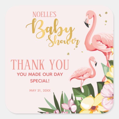 Tropical Floral Gold Pink Flamingo Baby Shower Square Sticker