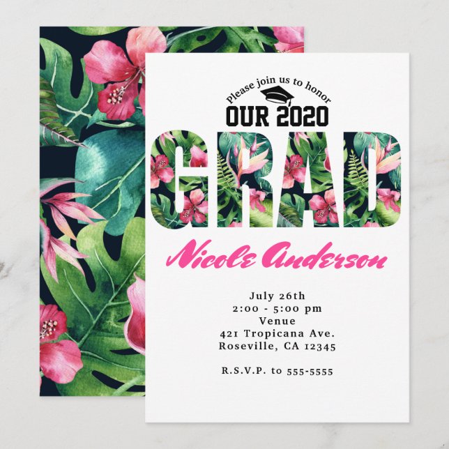Tropical Floral GRAD Graduation Party Invitations (Front/Back)