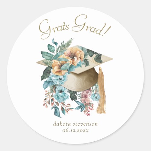 Tropical Floral Graduation Hat and Tassel Party Classic Round Sticker