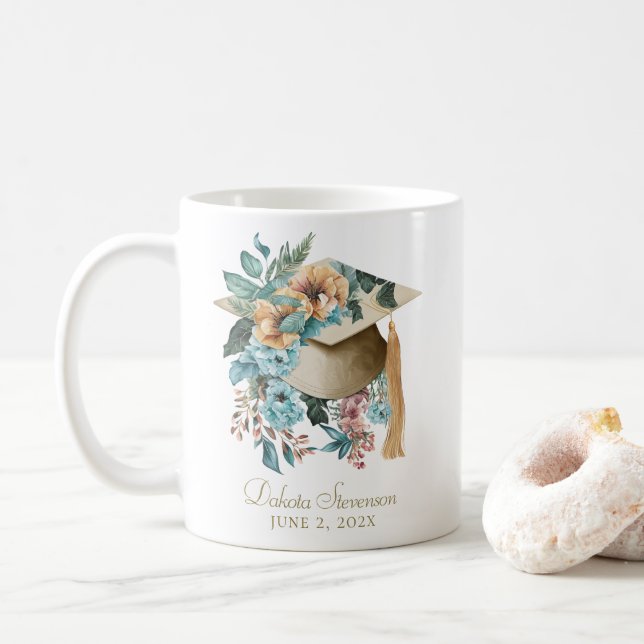 Tropical Floral Graduation Hat and Tassel Party Coffee Mug (With Donut)