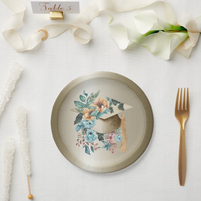 Tropical Floral Graduation Hat and Tassel Party Paper Plates (Wedding)