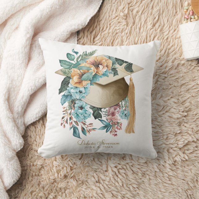 Tropical Floral Graduation Hat and Tassel Party Throw Pillow (Blanket)