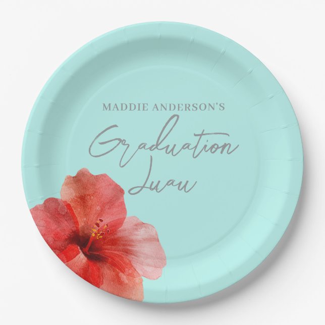 Tropical Floral Graduation Luau Party Paper Plates (Front)