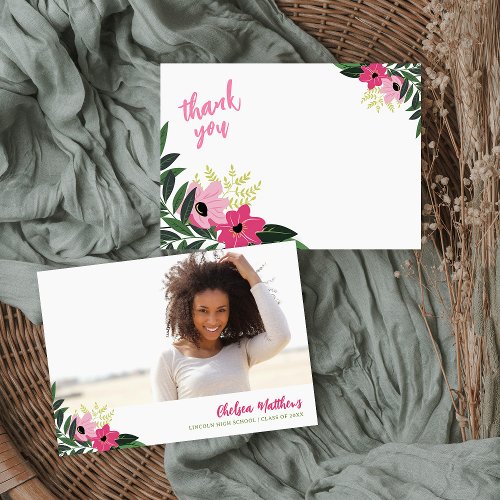 Tropical Floral Graduation Photo Thank You Announcement