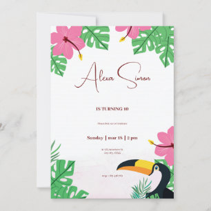 tropical floral green and pink kids birthday party invitation